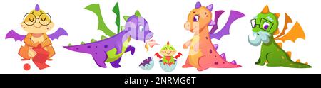 Fairy dragons cartoon characters with baby dinosaur. Magic creatures grandmother and grandfather, happy parents with fantasy child monster in egg. Smiling medieval reptiles collection. Stock Vektor
