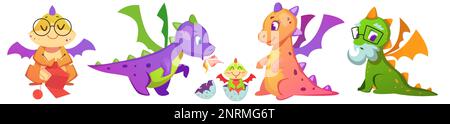 Feendrachen kreieren Cartoon-Figuren mit Baby-Dinosaurier. Magische Kreaturen, Großmutter und Großvater, glückliche Eltern mit Fantasy-Kind-Monster im Ei, lächelnde mittelalterliche Reptiliensammlung. Stock Vektor
