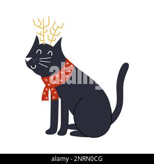 Süße Katze mit Rentierhörnern. Lustiger Winterdruck im Cartoon-Stil Stock Vektor