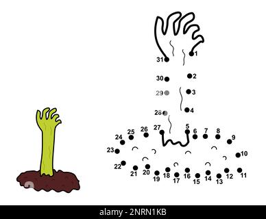 Punkt-zu-Punkt-Spiel für Kinder. Verbinde die Punkte und zeichne eine Zombie-Hand Stock Vektor