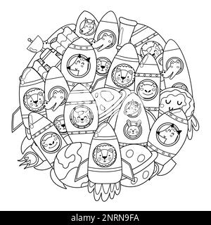 Weltraumraketen mit niedlichen Tieren, kreisförmiges Muster für ein Malbuch Stock Vektor