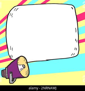 Megafon mit wichtigen Informationen und brandneuer Agenda. Große weiße Sprechblase für Text auf hellem farbigem Hintergrund. Vektorzeichnung Stock Vektor