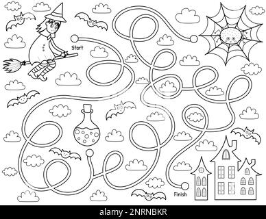 Hilf einer süßen Hexe, den Weg nach Hause zu finden. Schwarz-Weiß-Halloween-Labyrinth-Spiel Stock Vektor