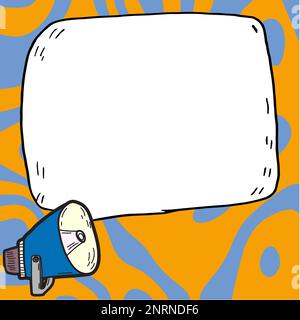 Megafon mit wichtigen Informationen und brandneuer Agenda. Große weiße Sprechblase für Text auf hellem farbigem Hintergrund. Vektorzeichnung Stock Vektor