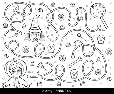 Hilf einem süßen Jungen im Kürbiskostüm, den Weg zu den Süßigkeiten zu finden. Schwarz-Weiß-Halloween-Labyrinth-Spiel Stock Vektor