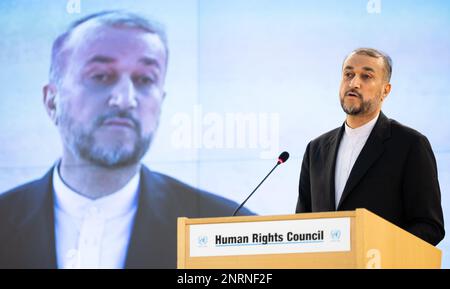 Der iranische Außenminister Hossein Amir-Abdollahian hält am Montag, den 27. Februar 2023, auf der Eröffnungssitzung der 52. Tagung des Menschenrechtsrates der Vereinten Nationen in Genf (Schweiz) eine Rede. BELGA FOTO BENOIT DOPPPAGNE Stockfoto