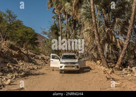 Auto auf einer staubigen Schotterstraße entlang des Flusses Kunene im Norden Namibias Stockfoto