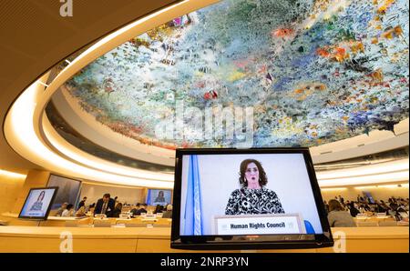 Außenminister Hadja Lahbib hält am Montag, den 27. Februar 2023, auf der 52. Tagung des Menschenrechtsrates der Vereinten Nationen in Genf (Schweiz) eine Rede. BELGA FOTO BENOIT DOPPPAGNE Stockfoto