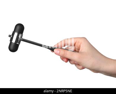 Frau mit Reflexhammer auf weißem Hintergrund, Nahaufnahme. Diagnostik des Nervensystems Stockfoto