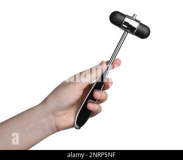 Frau mit Reflexhammer auf weißem Hintergrund, Nahaufnahme. Diagnostik des Nervensystems Stockfoto