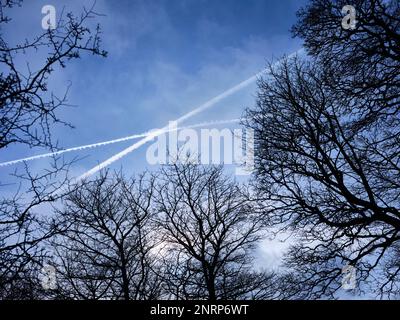 An einem Nachmittag im Februar kreuzen sich zwei Dampfpfade über Colsterdale in North Yorkshire Stockfoto