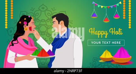 Ein wunderschönes glückliches Paar, das mit Farben spielt. Happy Holi Social-Media-Vorlage mit Textbereich. Stock Vektor