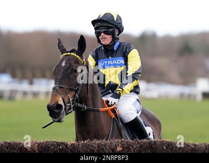 Kilfords Queen reitete Tabitha Worsley und inspizierte einen Sprung vor der elemental Human High Stakes Handicap Chase auf der Plumpton Rennbahn, East Sussex. Foto: Montag, 27. Februar 2023. Stockfoto