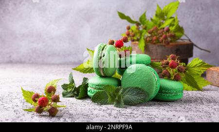 Frische grüne Minze-Himbeeren-makronen auf hellgrauem Zementtisch-Hintergrund. Nahaufnahme, Kopierbereich, selektiver Fokus. Stockfoto