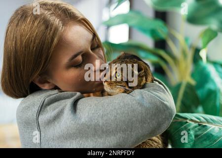 Lässige junge blonde Frau hält Schulter eine süße, grün-äugige schottische Tabby-Katze und umarmt sie zu Hause. Das Konzept der Liebe und Fürsorge für Haustiere Stockfoto