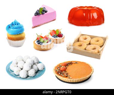 Mit verschiedenen leckeren Desserts auf weißem Hintergrund Stockfoto