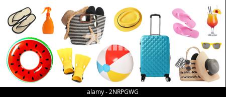 Set mit Strandball und anderen Accessoires auf weißem Hintergrund. Bannerdesign Stockfoto