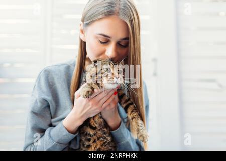 Die süße junge blonde Frau hält eine süße, grün-äugige schottische Katze in den Armen und umarmt sie im Freien, Konzept der Liebe und Pflege für Haustiere Stockfoto