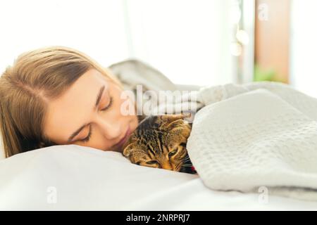 Süße lächelnde junge blonde Frau, die auf einem Bett liegt und eine süße, grün-äugige schottische Tabby-Katze spielt, das Konzept der Liebe und Pflege für Haustiere, Adoption Stockfoto