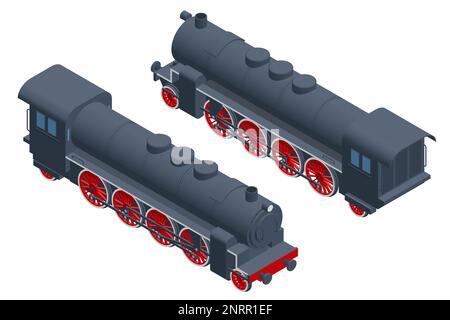 Isometrische Dampflokomotive. Eine alte, schwarze Dampflokomotive auf der Eisenbahn. Stock Vektor
