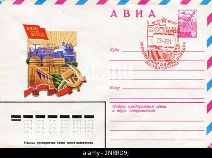 UdSSR - ca. 1981: Ein Briefumschlag mit Stempeln für die UdSSR Post am ersten Tag. 26. Kongress der Kommunistischen Partei der Sowjetunion. Stockfoto