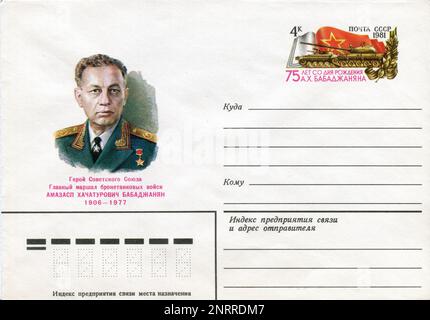 UdSSR - ca. 1981: Ein Briefumschlag mit Stempeln für die UdSSR Post am ersten Tag. Hamazasp Chachaturi Babadzhanian (Armenisch: Համազասպ Խաչատուրի Բաբաջանյան; Russisch: Амазасп Хачатурович Бабаджанян, Amazasp Chatataturowitsch Babadschanyan; 18. Februar 1906 – 1. November 1977) war ein sowjetischer armenischer Obermarschall der gepanzerten Truppen. Stockfoto