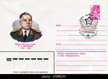UdSSR - ca. 1981: Ein Briefumschlag mit Stempeln für die UdSSR Post am ersten Tag. Kliment Jefremovich Voroshilov (Russisch: Климент Ефремович Ворошилов​, Ukrainisch: Климент Охрімович Ворошилов, Klyment Okhrimovych Voroshylov), allgemein bekannt als Klim Voroshilov (Russisch: Клим Ворошилов, Klim Vorošilov; 4. Februar 1881 – 2. Dezember 1969), war während der Stalin-Ära ein prominenter sowjetischer Offizier und Politiker. Stockfoto