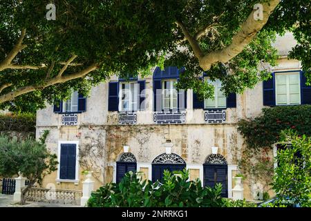 Fassade des Hauses mit blauen Balkonen, grünen Pflanzen, Fenstern mit Fensterläden. Typische Straßenszene in der antiken Stadt Valletta, Malta. Bastionsplatz Stockfoto
