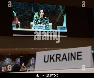 Außenministerin Hadja Lahbib hält eine Rede bei der hochrangigen Podiumsdiskussion auf der 52. Tagung des Menschenrechtsrates der Vereinten Nationen am Montag, den 27. Februar 2023 in Genf (Schweiz). BELGA FOTO BENOIT DOPPPAGNE Stockfoto