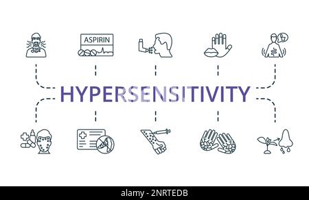 Symbolsatz für Überempfindlichkeit. Einfarbige Sammlung einfacher Hypersensitivitätssymbole. Dermatitis, Aspirin, Asthma, Zyanose, Arzneimittelallergie, Allergie Stock Vektor