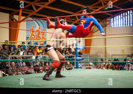 Lucha Libre. Wrestler im Kampf, Sportzentrum La Ceja, El Alto, La Paz, Bolivien Stockfoto