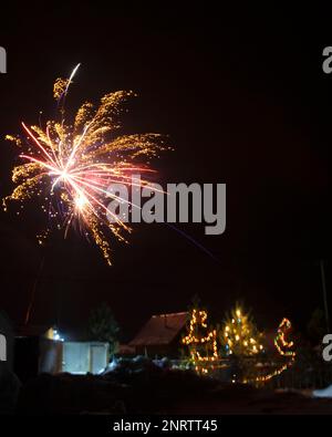 Helle Feuerwerksblitze auf einem Gartengelände in Sibirien im Winter mit Weihnachtsbäumen dekoriert mit Girlanden auf dem Schnee bei Nacht. Stockfoto