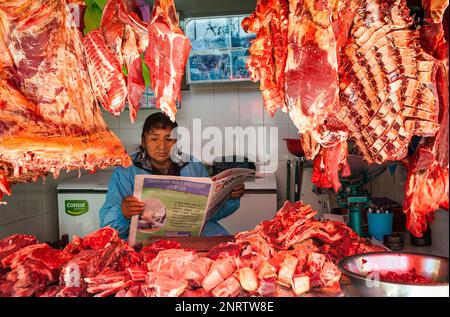 Frau liest, Metzgerei, Markt von Potosi, in der calle Bolivar in der calle Bustillos, Potosi, Bolivien Stockfoto