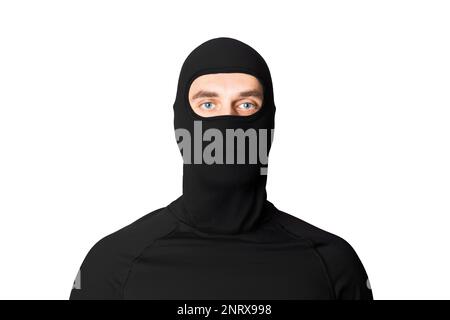 Ein Mann mit schwarzer Maske. Dieb, Bandit. Isoliert auf weißem Hintergrund. Raubüberfall. Stockfoto