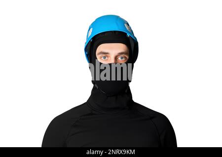 Mann, Turmarbeiter. Arbeiten in der Höhe. Tourist, Kletterer. In einem Helm, Schutzhelm. Isoliert auf weißem Hintergrund. Stockfoto