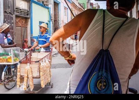 Männer verkaufen Kuchen aus einer Rikscha, Straßenszene in Centro Habana District, La Habana, Kuba Stockfoto