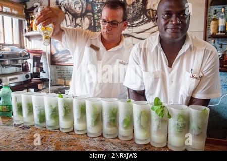 Barkeeper mixen Mojitos in La Bodeguita del Medio, Habana Vieja, La Habana, Kuba Stockfoto