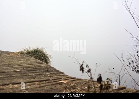 An einem nebligen Tag im Winter am Seeufer anlegen Stockfoto