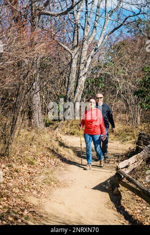 Das Seniorenpaar wandert im Herbst in den Wäldern von North Carolina Stockfoto