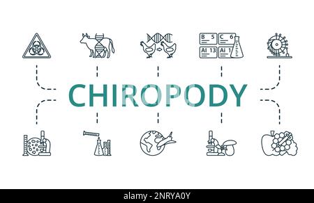 Chiropody-Symbolsatz. Einfarbige Simple Chiropody Icon Kollektion. Biologische Gefahr, Gentechnisch Veränderte Tiere, Klonen, Tabelle Der Elemente, Perpetual Motion Stock Vektor