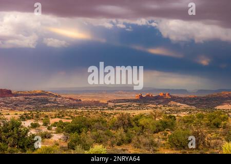 Im Sommer stürmte der Monsun über Arth's Weide, Arth's Rima und Distant Arches NP vom Plateau Viewpoint in Moab, Utah. Stockfoto