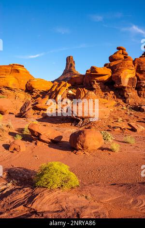 Gestreifte Sandsteinformationen von Cutler entlang des Shafer Trail bei Moab, Utah. Es wird angenommen, dass die weißen Streifen durch organische Einschlüsse in verursacht werden Stockfoto