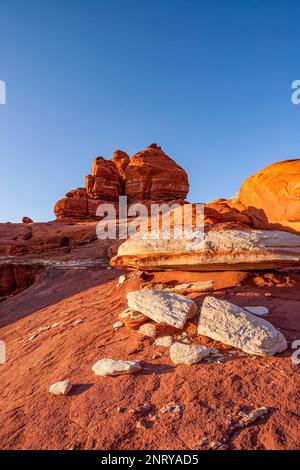 Gestreifte Sandsteinformationen von Cutler entlang des Shafer Trail bei Moab, Utah. Es wird angenommen, dass die weißen Streifen durch organische Einschlüsse in verursacht werden Stockfoto