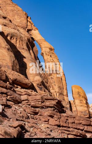 Jug Handle Arch, ein fast vertikaler Bogen aus Wingate Sandstein am Colorado River bei Moab, Utah. Der Bogen befindet sich am Lower Colorado River Scenic Bywa Stockfoto