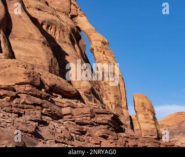 Jug Handle Arch, ein fast vertikaler Bogen aus Wingate Sandstein am Colorado River bei Moab, Utah. Der Bogen befindet sich am Lower Colorado River Scenic Bywa Stockfoto