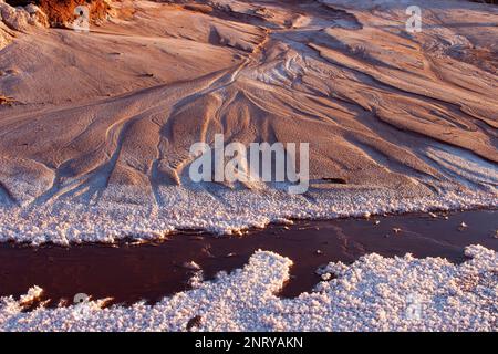 Kalium- und Salzkristalle bilden sich entlang des Randes eines Mineral Seep in der Nähe von Moab, Utah. Stockfoto