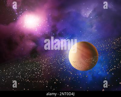 Fantasievolle Weltraumreise mit umringtem Planeten und einem bunten Nebel. Digitale Illustration, 3D-Rendering. Stockfoto