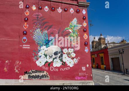 Ein Wandgemälde des Künstlers Alonxo Chavez auf einem Gebäude auf der Calle Macedonia Alcala in der historischen Stadt Oaxaca, Mexiko. Dahinter sind die Glockentürme von Th Stockfoto