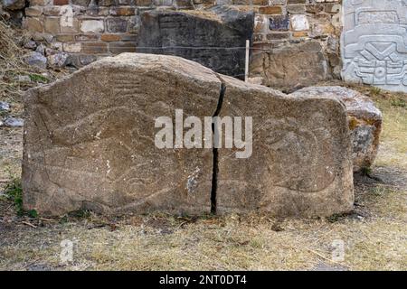 Geschnitzter Stein, der eine Figur auf der Südplattform in den präkolumbianischen Zapotekenruinen des Monte Alban in Oaxaca, Mexiko zeigt. UNESCO-Weltkulturerbe Stockfoto