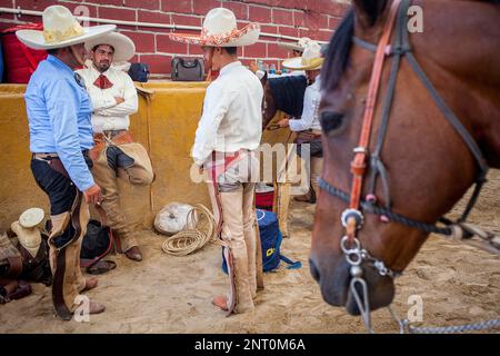 Charros in einem Charreada mexikanisches Rodeo am Lienzo Charro Zermeno, Guadalajara, Jalisco, Mexiko Stockfoto